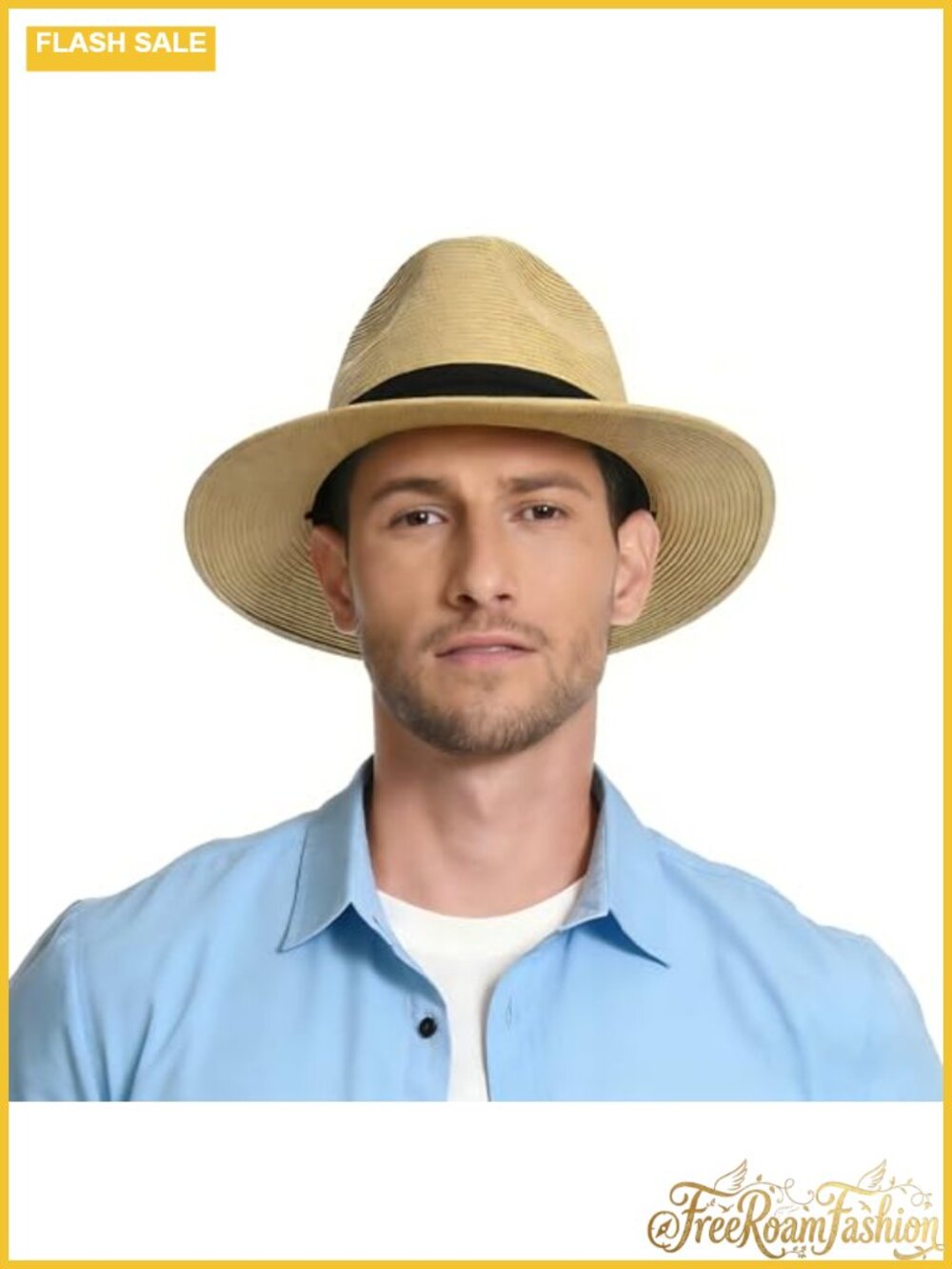 Wide Brim Straw Fedora Sun Hat UPF 80+ Adjustable Beach Hat
